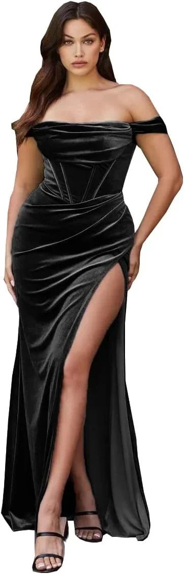 Women's Velvet Slit Mermaid Prom Dress Long Off Shoulder Bridesmaid Dress Strapless Party Gown by Sunnderly