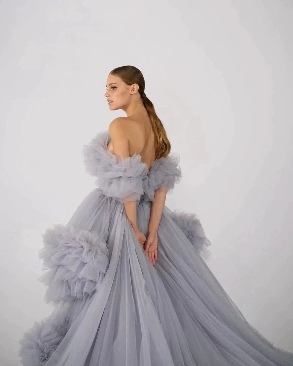 Ruffles Tulle Robe for Maternity Photoshoot Sheer Off Shoulder Maternity Robe Pregnant Baby Shower Prom Gown by Sunnderly