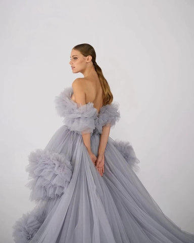 Rüschen-Tüll-Robe für Schwangerschafts-Fotoshooting, transparent, schulterfrei, Umstandsrobe, schwanger, Babyparty, Abschlussballkleid 