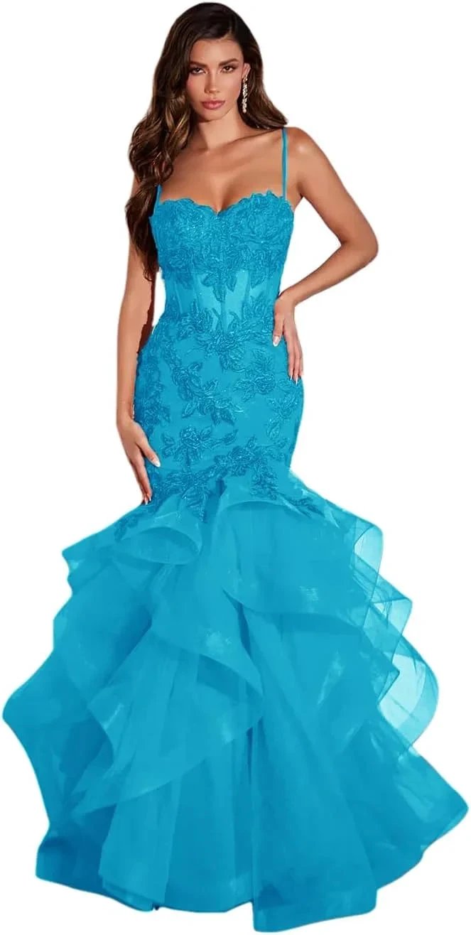 Women's Lace Applique Tulle Prom Dresses Long Mermaid Ruffles Sparkly Formal Evening Party Gown by Sunnderly