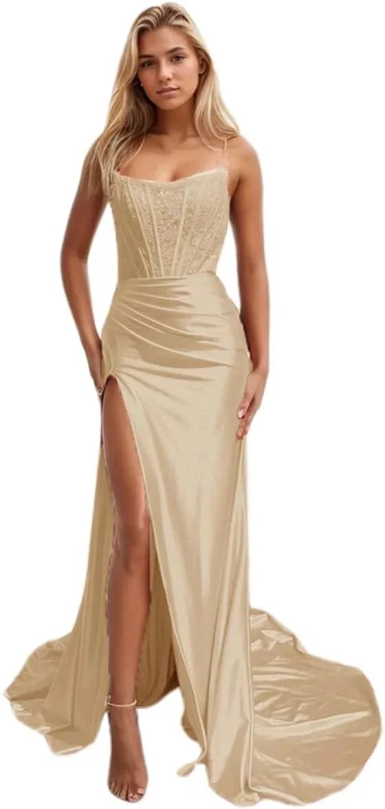 Women's Satin Lace Mermaid Prom Dresses Long with Slit 2025 Strapless Formal Evening Party Gown by Sunnderly