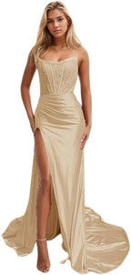 Women's Satin Lace Mermaid Prom Dresses Long with Slit 2025 Strapless Formal Evening Party Gown by Sunnderly