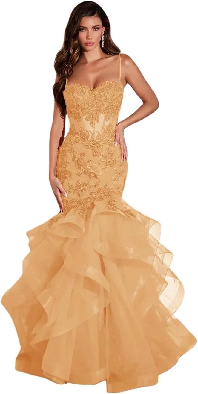 Women's Lace Applique Tulle Prom Dresses Long Mermaid Ruffles Sparkly Formal Evening Party Gown by Sunnderly