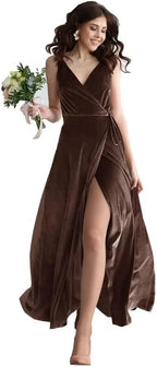 Velvet V Neck Bridesmaid Dress Long Women's Prom Formal Party Gown with Slit by Sunnderly