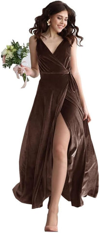 Vestido de dama de honor largo de terciopelo con escote en V para mujer, vestido formal de fiesta de graduación con abertura 