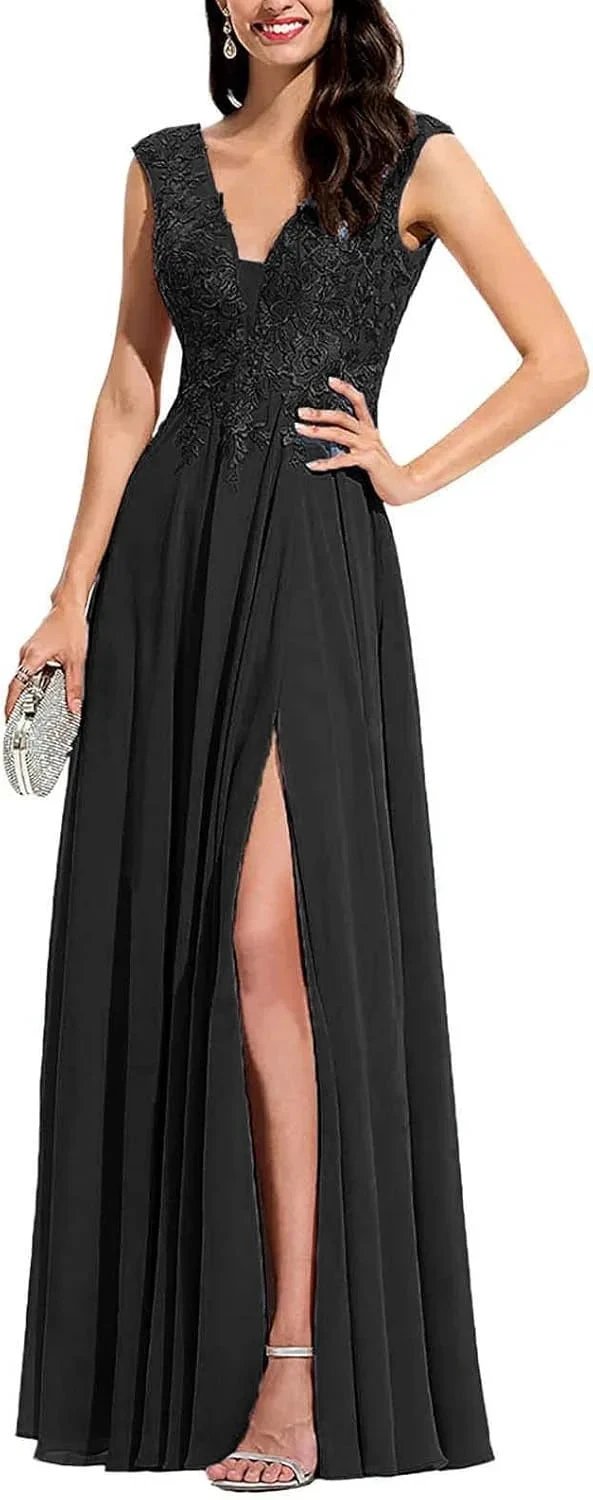 Chiffon Appliques Bridesmaid Dress Long V Neck Beaded Wedding Guest Gown with Split by Sunnderly
