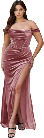 Women's Velvet Slit Mermaid Prom Dress Long Off Shoulder Bridesmaid Dress Strapless Party Gown by Sunnderly