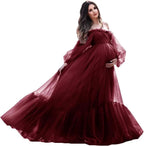 Puffy Sleeve Maternity Dress Tulle Robe for Photoshoot Off Shoulder Pregnancy Baby Shower Gown by Sunnderly