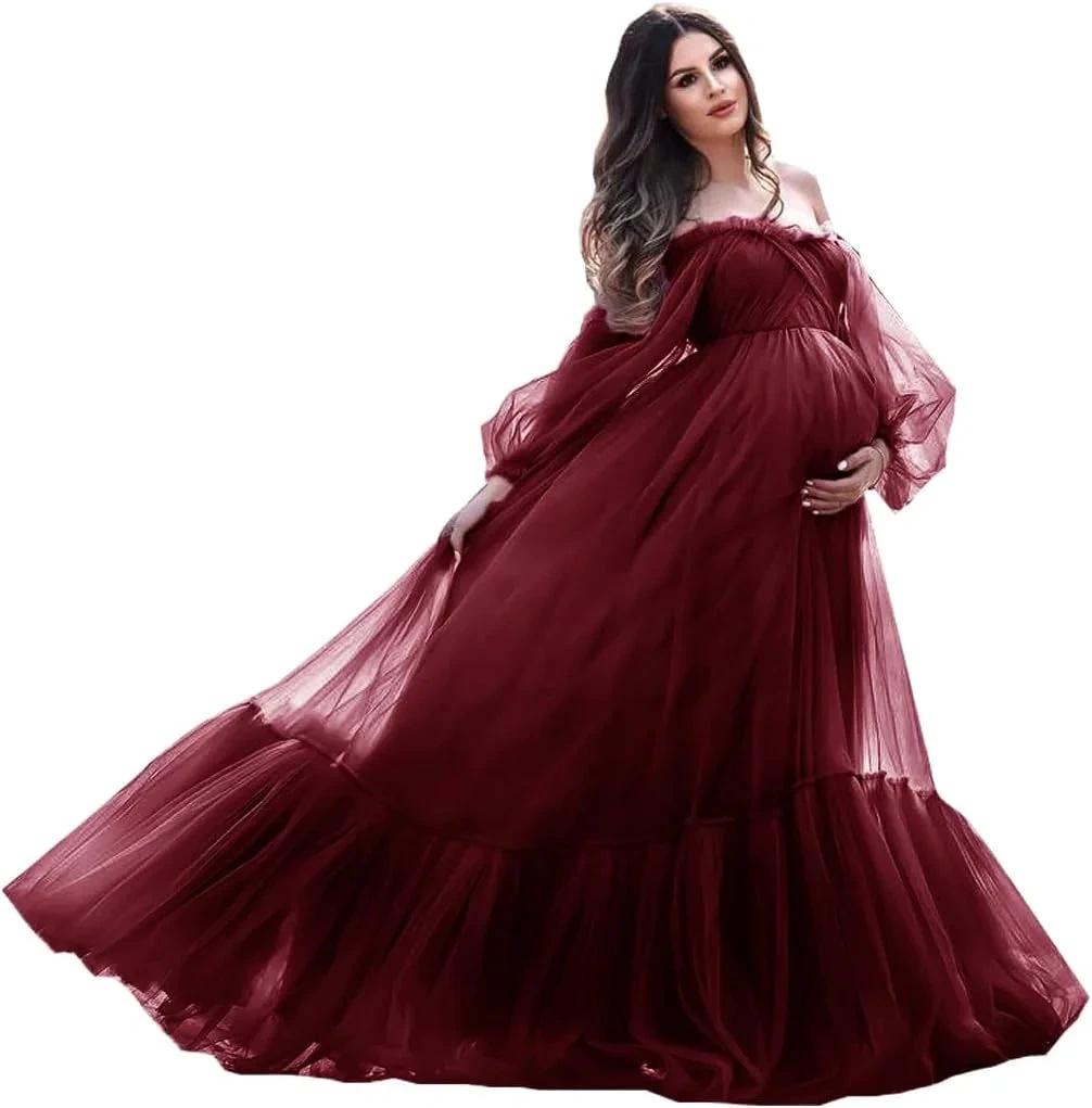 Puffy Sleeve Maternity Dress Tulle Robe for Photoshoot Off Shoulder Pregnancy Baby Shower Gown by Sunnderly