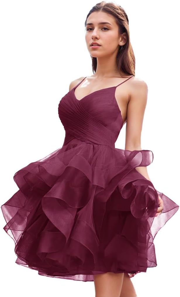 Puffy Ruffle Short Homecoming Dress Tull Tutu Prom Dress V Neck Formal Party Gown Hover Image