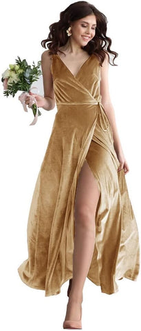 Vestido de dama de honor largo de terciopelo con escote en V para mujer, vestido formal de fiesta de graduación con abertura 