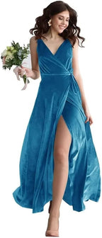 Velvet V Neck Bridesmaid Dress Long Women's Prom Formal Party Gown with Slit by Sunnderly