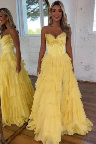 Vestidos de fiesta con corsé sin tirantes para mujer 2025, vestido de noche formal de gasa con volantes escalonados y abertura 