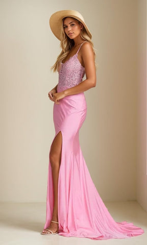 Damen Meerjungfrau-Ballkleid mit Spitzenapplikation, lang, mit Schlitz, dehnbar, Satin, V-Ausschnitt, formelles Abendkleid 