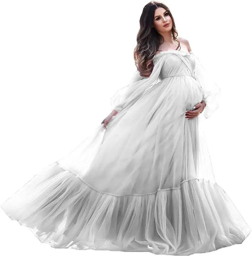 Puffy Sleeve Maternity Dress Tulle Robe for Photoshoot Off Shoulder Pregnancy Baby Shower Gown by Sunnderly