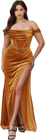Vestido de fiesta de sirena con abertura de terciopelo para mujer, vestido largo de dama de honor con hombros descubiertos y sin tirantes 