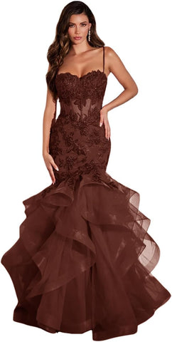 Vestido de fiesta de tul con apliques de encaje para mujer, largo, sirena, volantes, brillante, formal, de noche 
