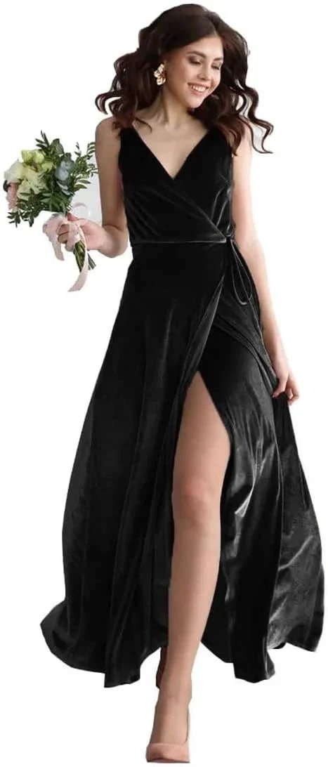 Velvet V Neck Bridesmaid Dress Long Women's Prom Formal Party Gown with Slit by Sunnderly
