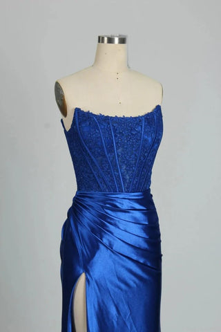 Vestidos de fiesta de sirena con encaje satinado para mujer, largos con abertura, sin tirantes, para noche formal, 2025 