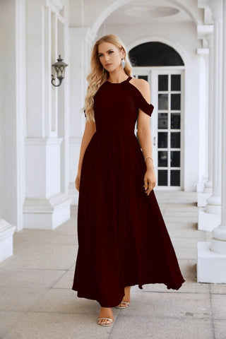 Ladies Chiffon Off Shoulder Swing Sleeve Front Slit Bridesmaid Evening Dress Wedding Party Evening Dress 28117
