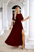 Ladies Chiffon Sleeve Crew Neck Front Slit Floor Length Bridesmaid Evening Dress Wedding Party Evening Dress 28124 by numbersea