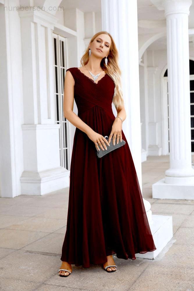 Ladies Chiffon V Neck Sleeveless Floor Length Bridesmaid Evening Dress Wedding Party Evening Dress 28126 by numbersea