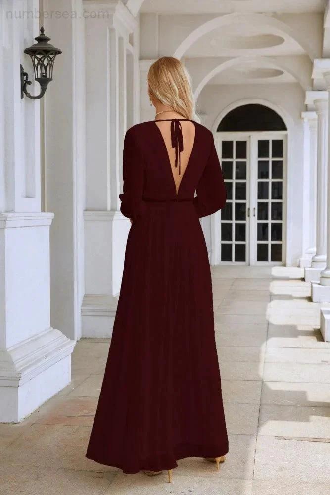Ladies V Neck Chiffon Long Sleeve Front Slit Bridesmaid Evening Dress Wedding Party Shopping Evening Dress 28109 by numbersea