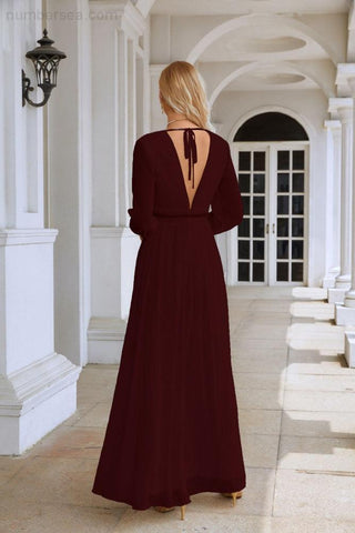 Ladies V Neck Chiffon Long Sleeve Front Slit Bridesmaid Evening Dress Wedding Party Shopping Evening Dress 28109