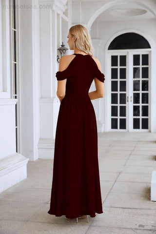 Ladies Chiffon Off Shoulder Swing Sleeve Front Slit Bridesmaid Evening Dress Wedding Party Evening Dress 28117