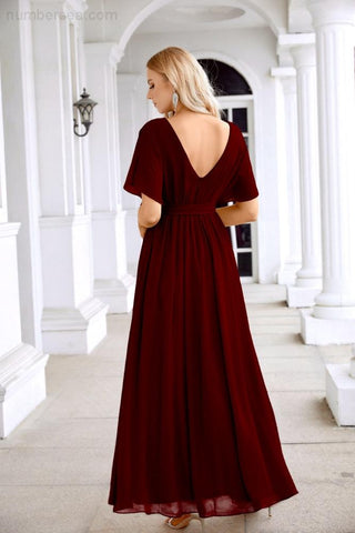 Ladies Chiffon Sleeve Crew Neck Front Slit Floor Length Bridesmaid Evening Dress Wedding Party Evening Dress 28124