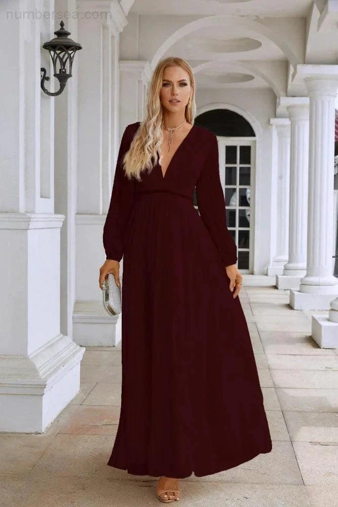 Ladies V Neck Chiffon Long Sleeve Front Slit Bridesmaid Evening Dress Wedding Party Shopping Evening Dress 28109 by numbersea