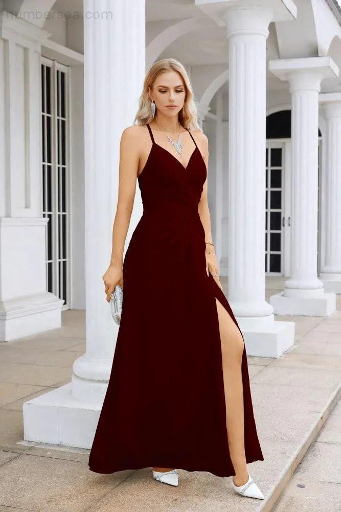 Ladies Chiffon Spaghetti Strap V Neck Front Slit Floor Length Bridesmaid Evening Dress Prom Party Wedding Evening Dress 28116 by numbersea