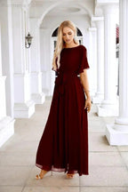 Ladies Chiffon Sleeve Crew Neck Front Slit Floor Length Bridesmaid Evening Dress Wedding Party Evening Dress 28124 by numbersea