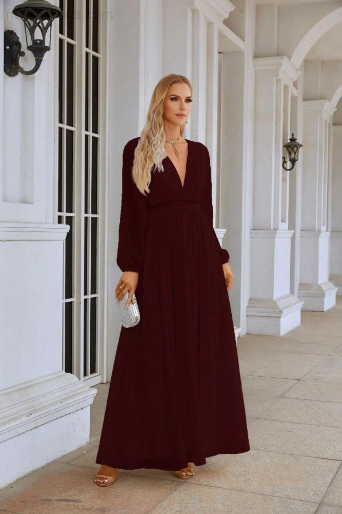 Ladies V Neck Chiffon Long Sleeve Front Slit Bridesmaid Evening Dress Wedding Party Shopping Evening Dress 28109 by numbersea