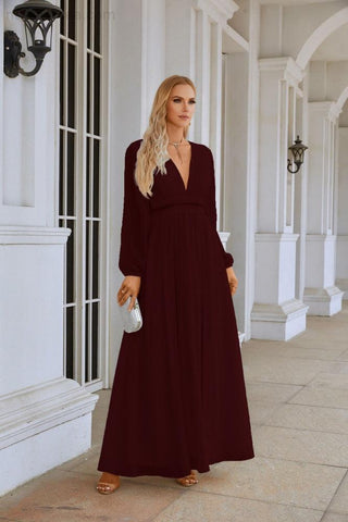 Ladies V Neck Chiffon Long Sleeve Front Slit Bridesmaid Evening Dress Wedding Party Shopping Evening Dress 28109