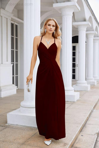 Ladies Chiffon Spaghetti Strap V Neck Front Slit Floor Length Bridesmaid Evening Dress Prom Party Wedding Evening Dress 28116