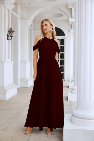 Ladies Chiffon Off Shoulder Swing Sleeve Front Slit Bridesmaid Evening Dress Wedding Party Evening Dress 28117