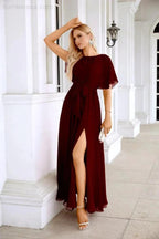 Ladies Chiffon Sleeve Crew Neck Front Slit Floor Length Bridesmaid Evening Dress Wedding Party Evening Dress 28124 by numbersea