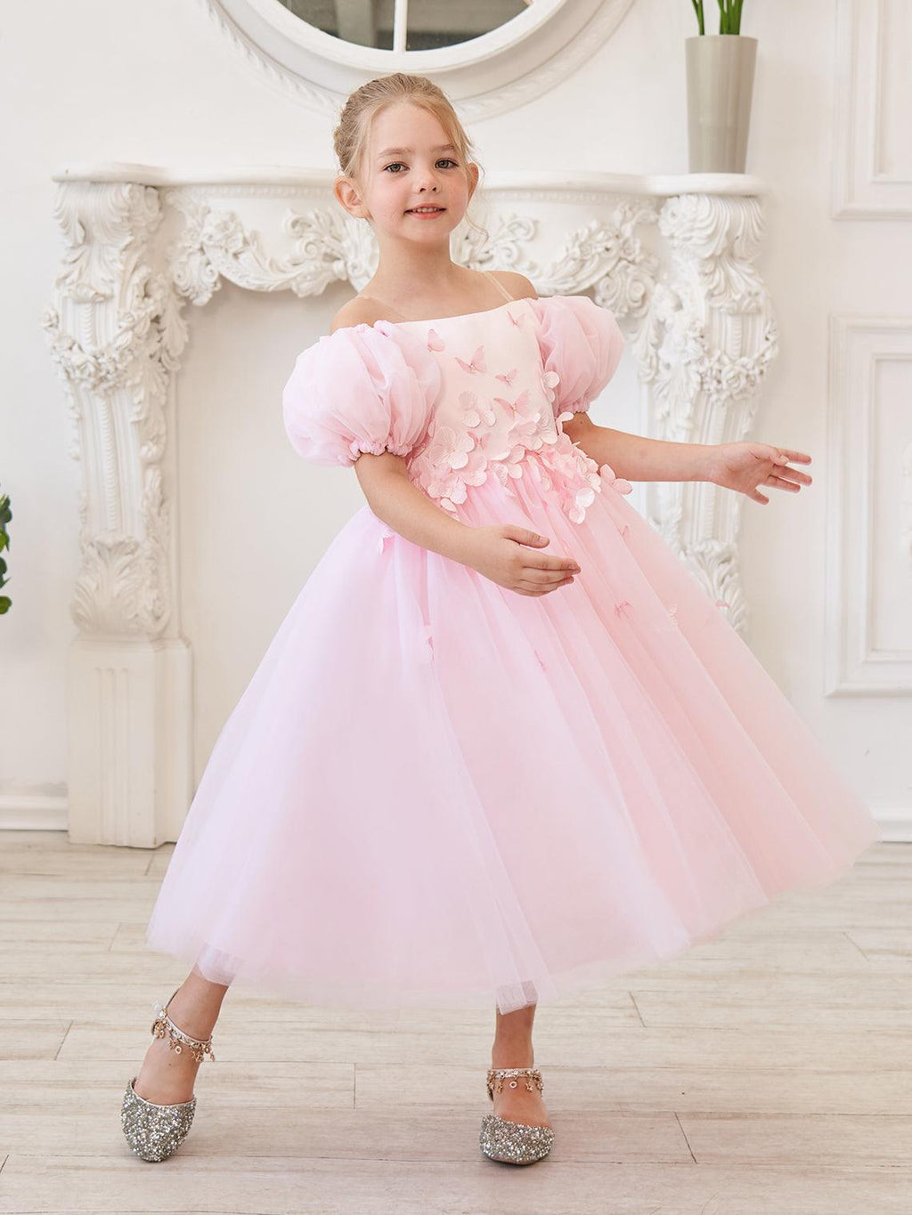 Puffy Sleeves Off-Shoulder 3D Floral Appliques Tulle Tea-length Flower Girl D… - photo 5