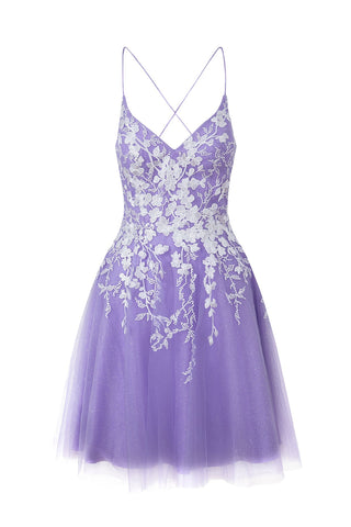 Kurzes Aline-Heimkehrkleid aus Glitzertüll mit Applikationen