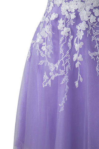 Kurzes Aline-Heimkehrkleid aus Glitzertüll mit Applikationen