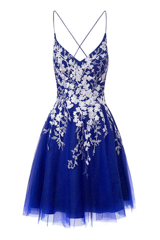 Kurzes Aline-Heimkehrkleid aus Glitzertüll mit Applikationen