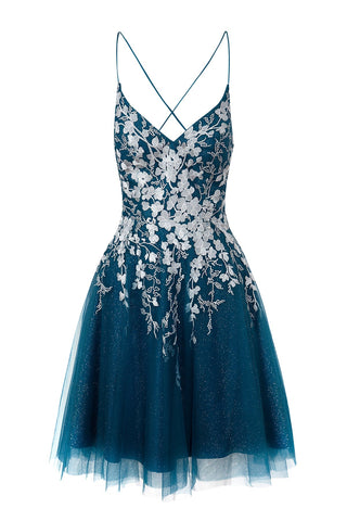 Kurzes Aline-Heimkehrkleid aus Glitzertüll mit Applikationen