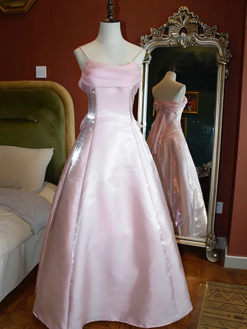 Vestido de fiesta de satén rosa brillante con tirantes finos, corte princesa, corte A, vestido de noche Y7555
