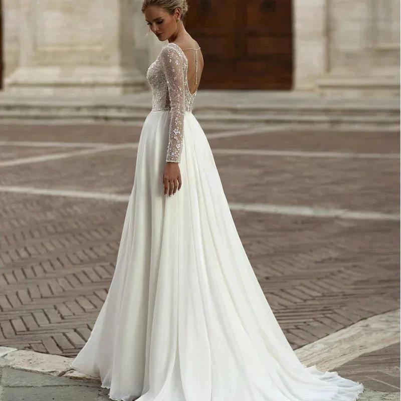 Modern Long Sleeve Wedding Dresses Simple Chiffon Lace Sequined Bridal Gowns Charming Backless A-Line vestidos de noiva by payinti