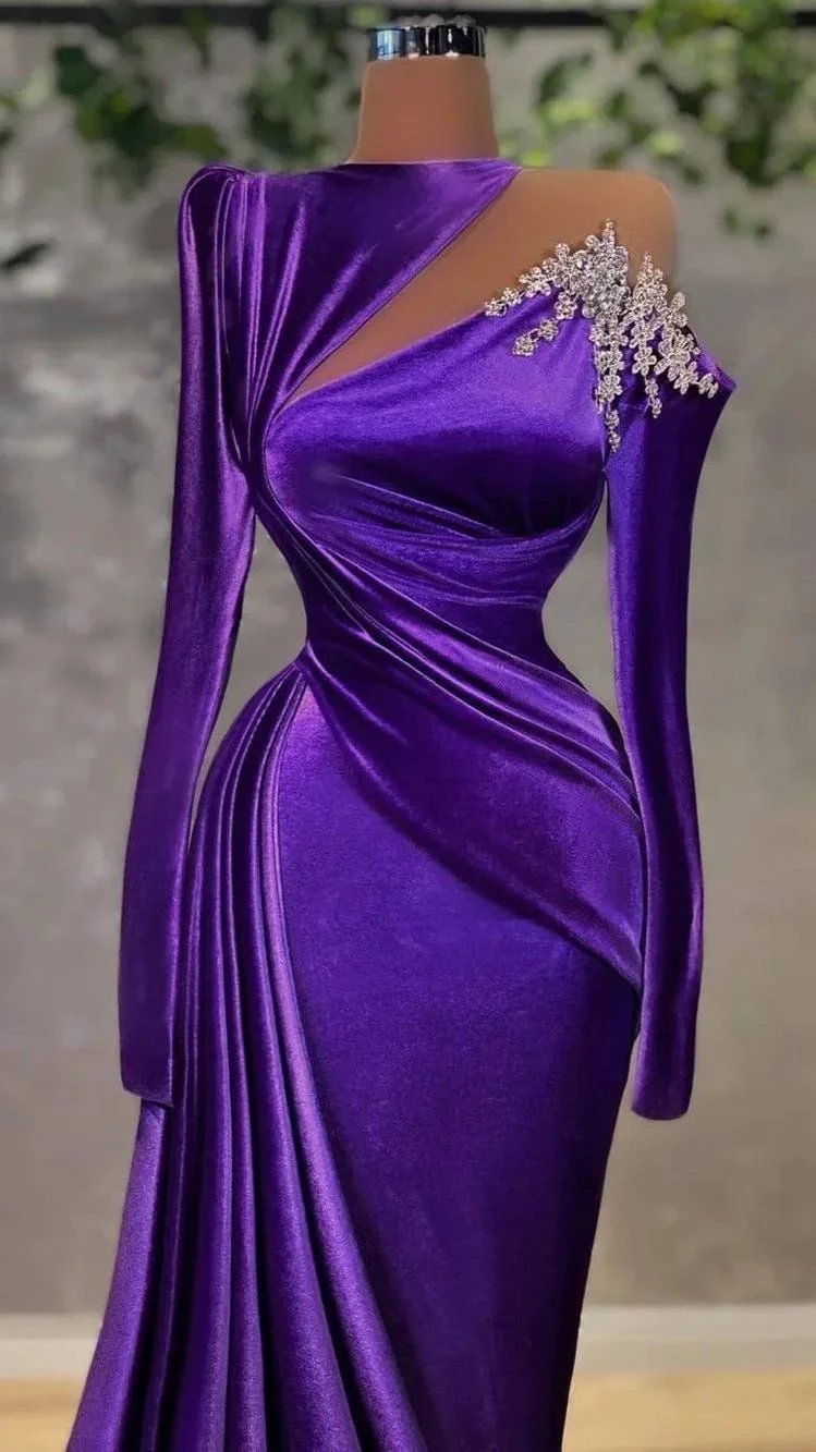 Glamorous Purple Velvet Evening Dress With Long Sleeves,Classy Purple Velvet Evening Gown Y729 by simplepromdress