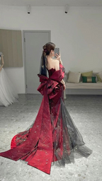Romantic Off The Shoulder Burgundy Evening Dress Reception Dress Y4416