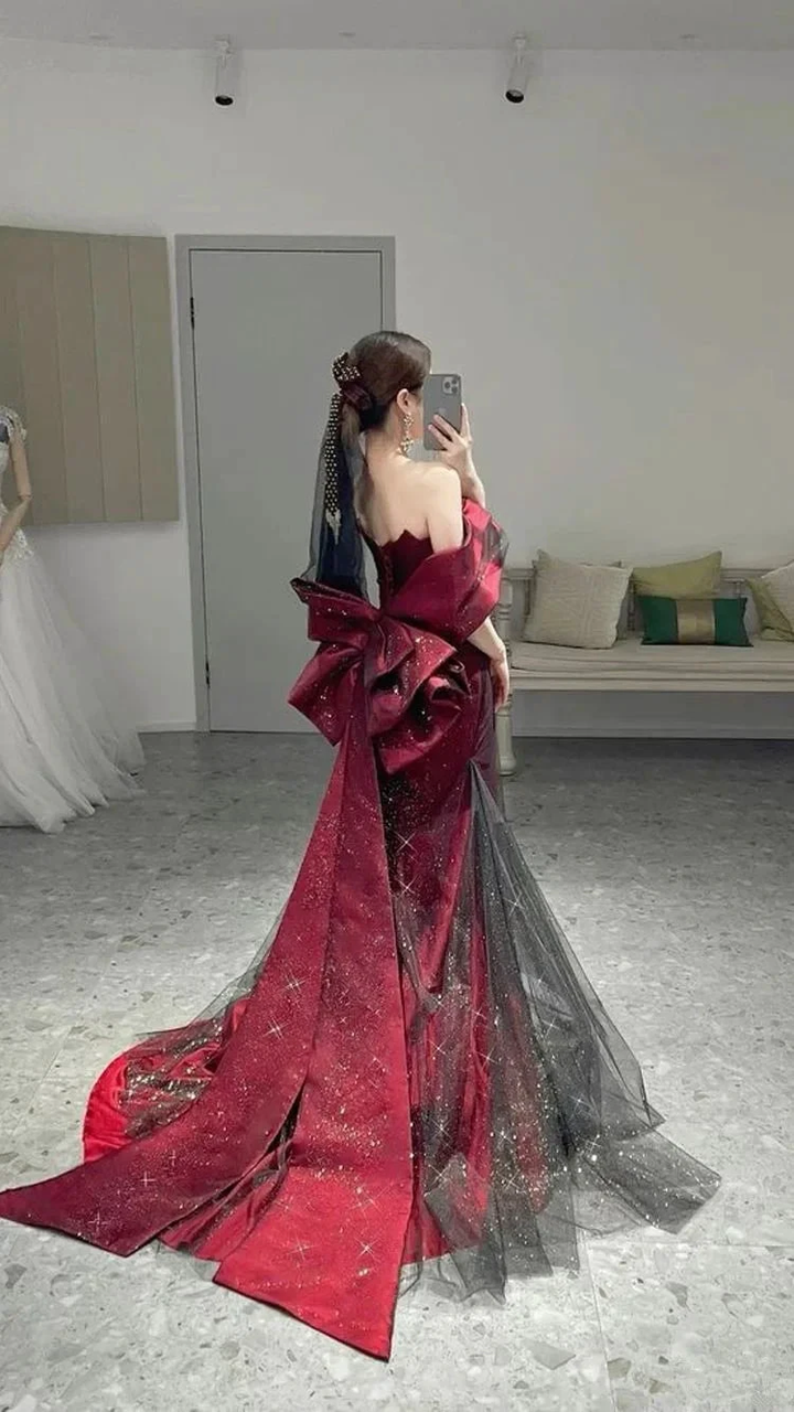Romantic Off The Shoulder Burgundy Evening Dress Reception Dress Y4416 by simplepromdress