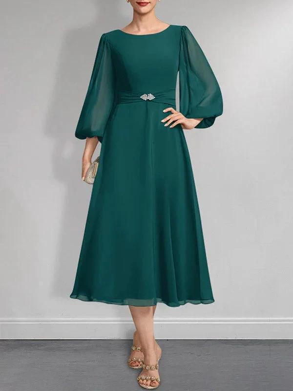 A-line Scoop Tea-Length Chiffon Mother of the Bride Dress With Crystal Brooch Pleated by Dreamylily