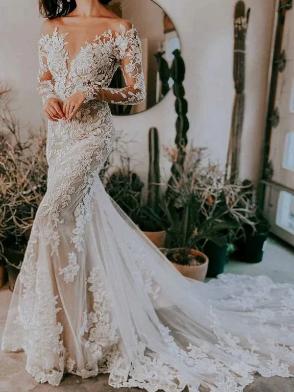 White Wedding Dress Illusion Neckline Long Sleeves Backless Natural Waist Lace With Train Long Bridal Mermaid Dress Y101 by simplepromdress